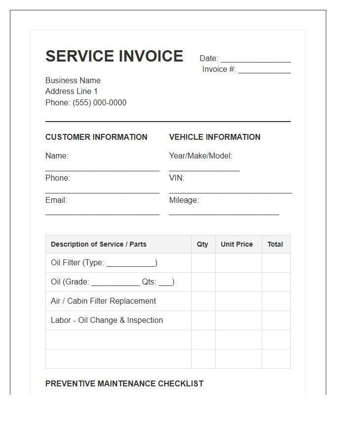 Oil Change And Preventive Maintenance Invoice Template
