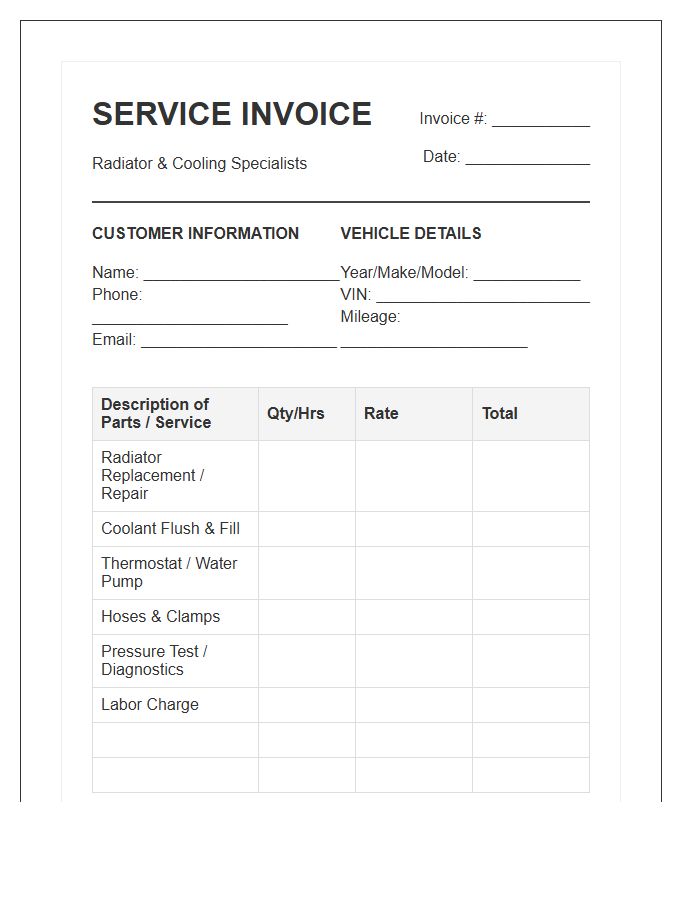 Radiator And Cooling System Repair Invoice Template