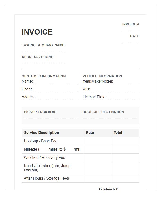 Roadside Assistance Towing Service Invoice Template