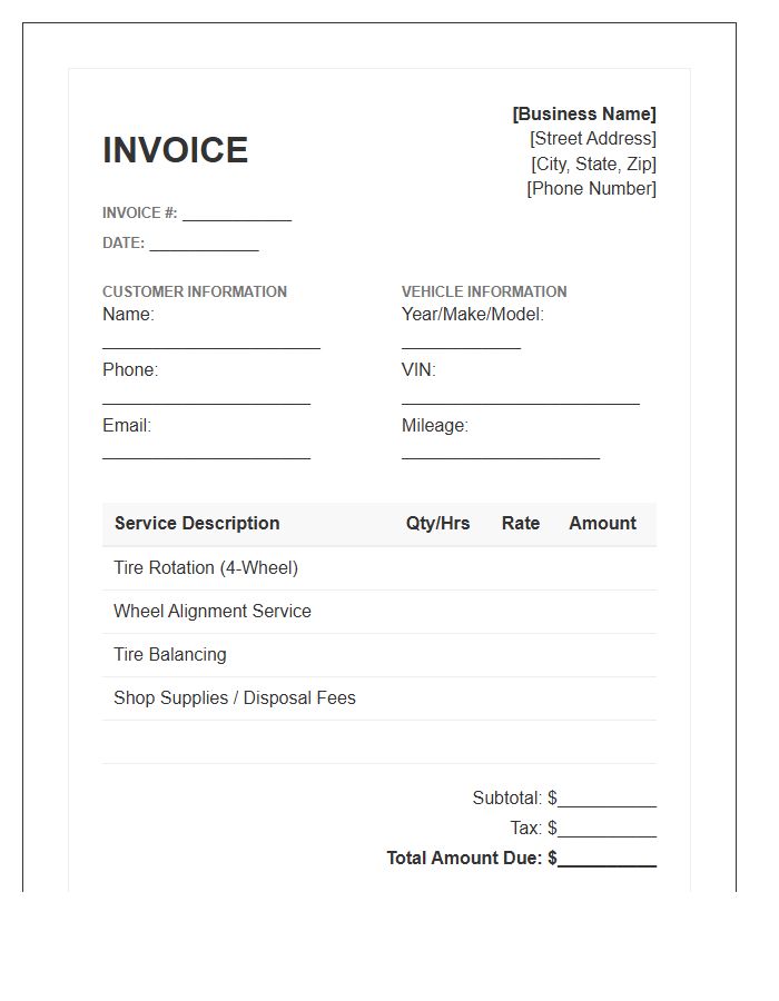 Tire Rotation And Alignment Service Invoice Template