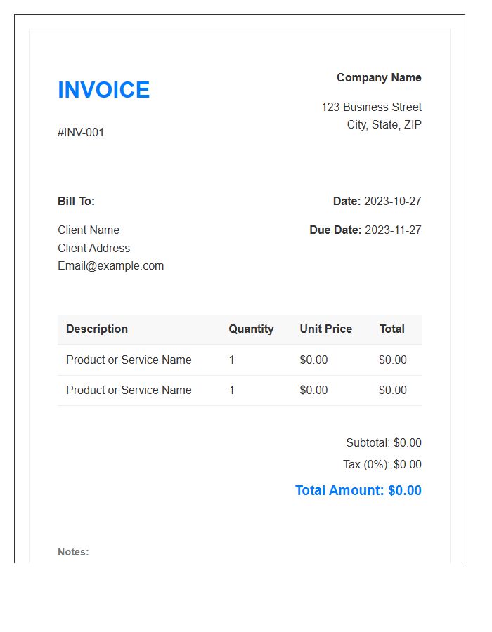 Frontend User Interface Invoice Template