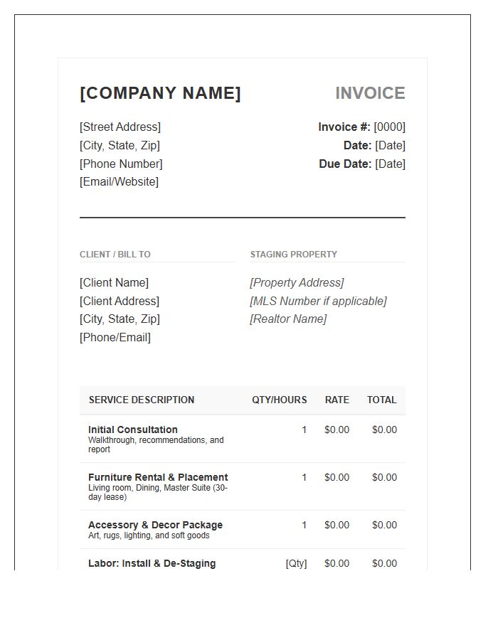 Detailed Home Staging Professional Invoice Template