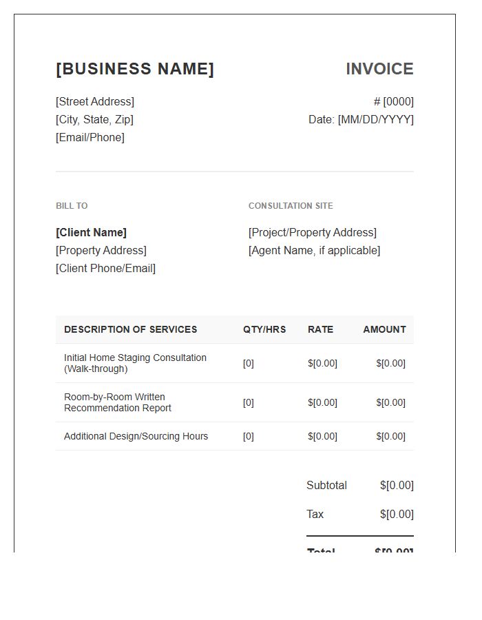 Home Staging Consultation Professional Invoice Template