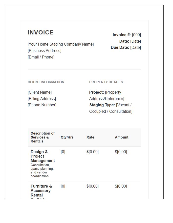 Home Staging Project Management Invoice Template