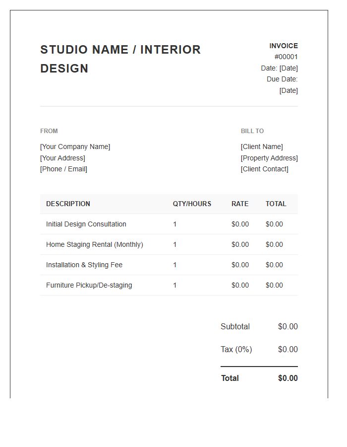 Interior Design Home Staging Invoice Template