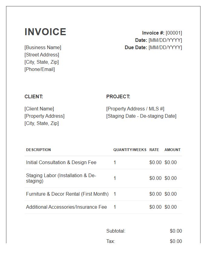 Residential Home Staging Fee Invoice Template
