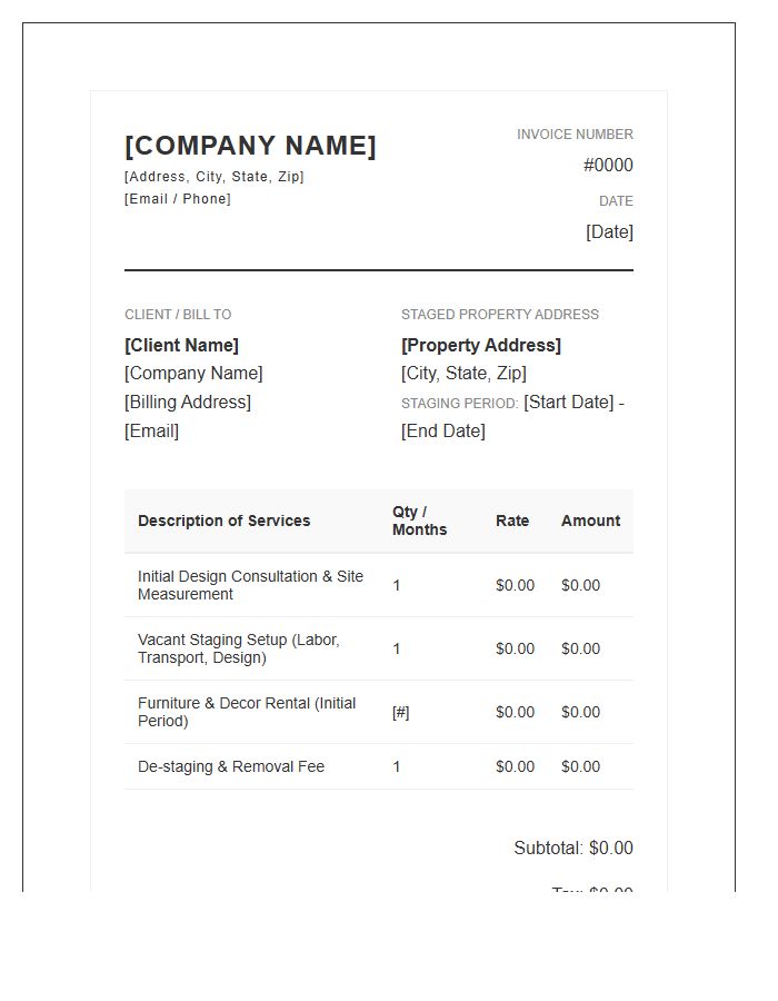 Vacant Property Home Staging Invoice Template