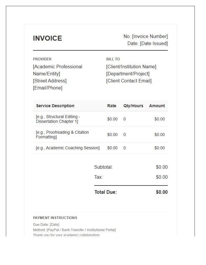 Academic Writing Support Invoice Template