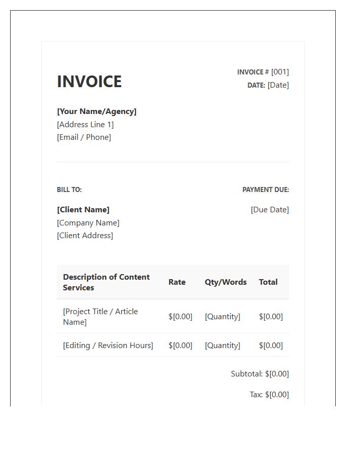 Business Content Writing Invoice Template