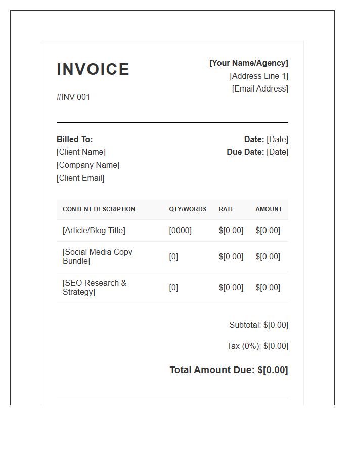 Creative Content Writing Billing Invoice Template