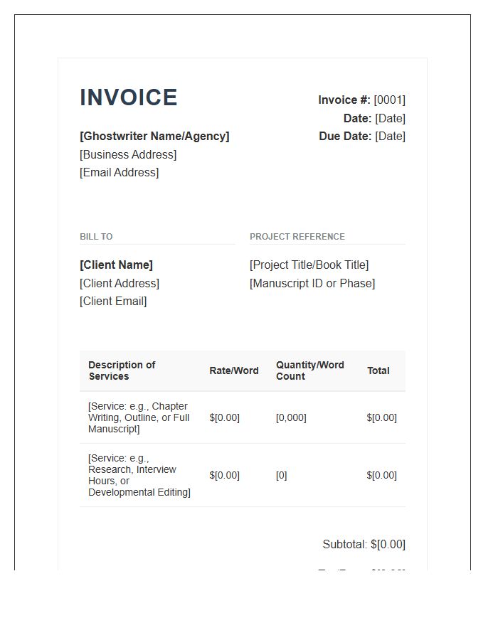 Ghostwriting Service Professional Invoice Template