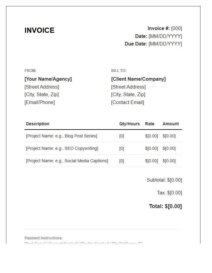 Marketing Content Writing Invoice Template