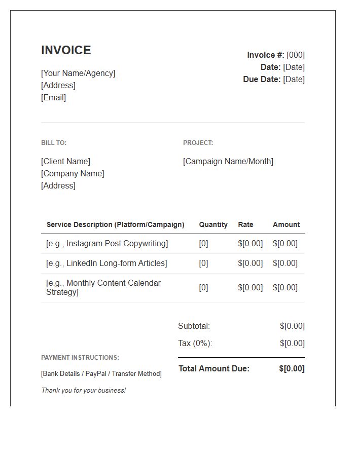 Social Media Content Writing Invoice Template