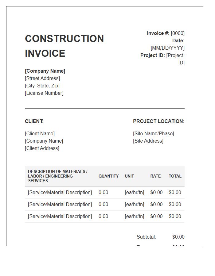 Civil Engineering Construction Invoice Template