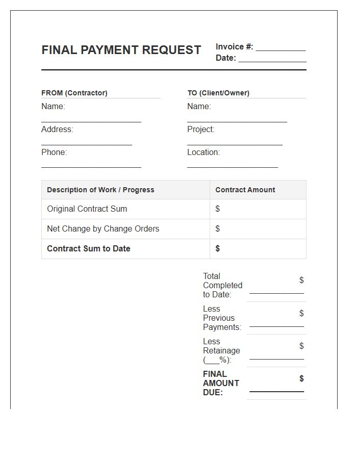 Final Construction Payment Request Invoice Template
