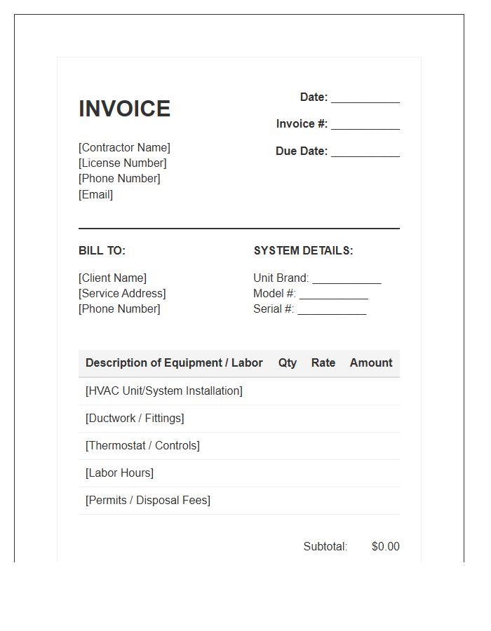 HVAC Installation Contractor Invoice Template