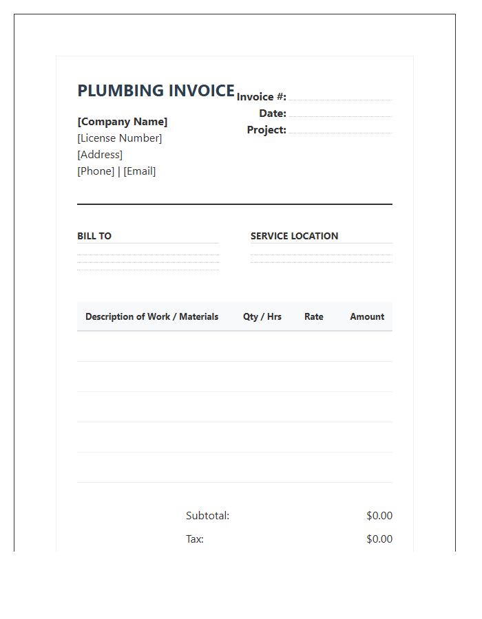 Plumbing Services Construction Invoice Template
