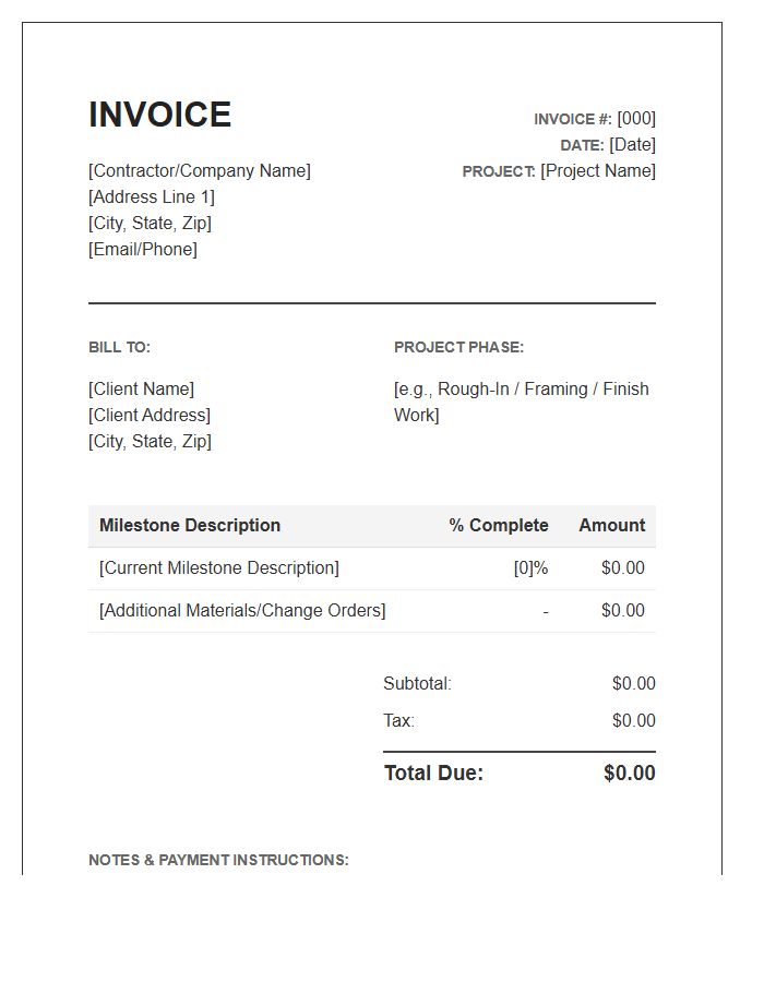Remodeling Project Milestone Invoice Template