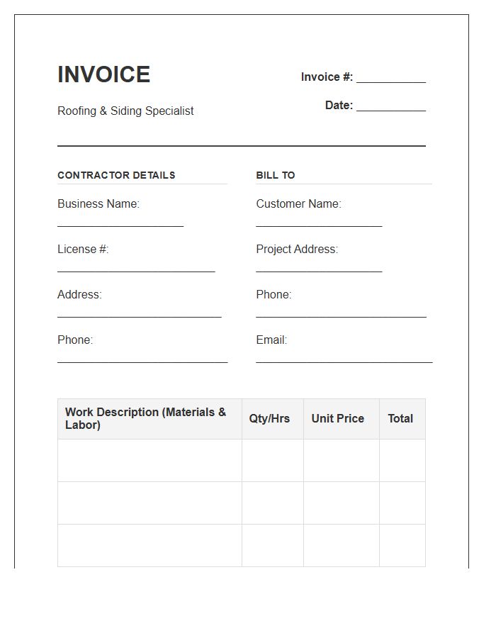 Roofing And Siding Contractor Invoice Template