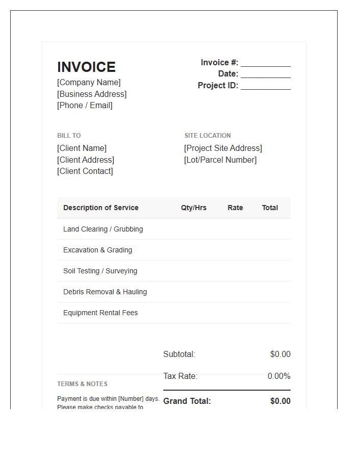Site Preparation Services Invoice Template