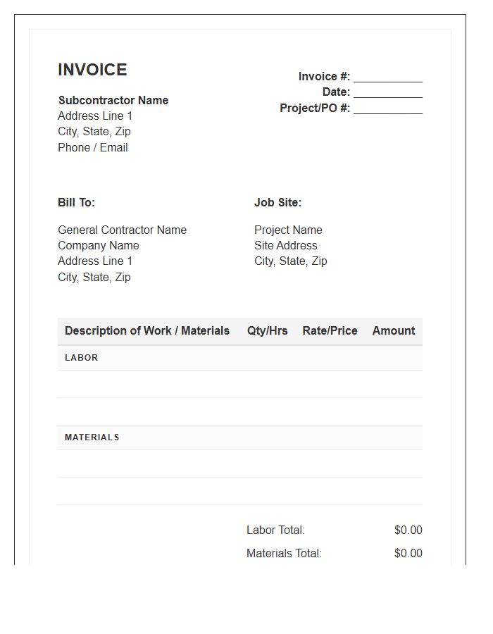 Subcontractor Labor And Materials Invoice Template