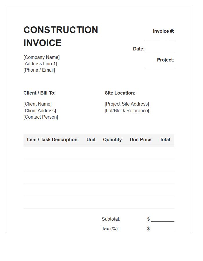 Unit Price Construction Work Invoice Template