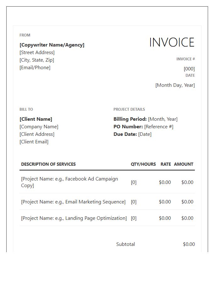 Advertising Copywriting Monthly Invoice Template