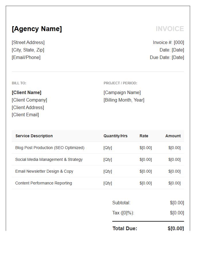 Content Marketing Agency Monthly Invoice Template