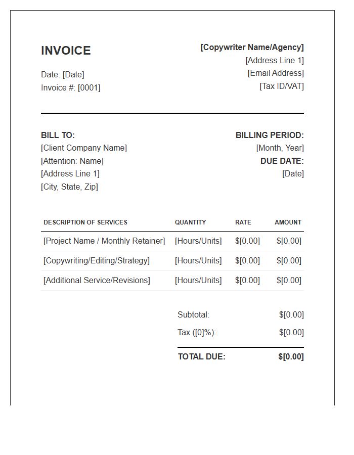 Corporate Copywriting Monthly Invoice Template