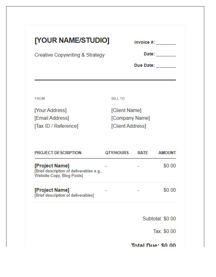 Creative Copywriter Monthly Invoice Template