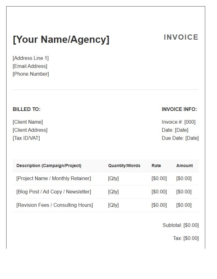 Digital Copywriting Monthly Invoice Template