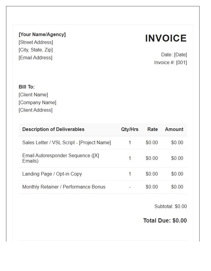Direct Response Copywriting Monthly Invoice Template