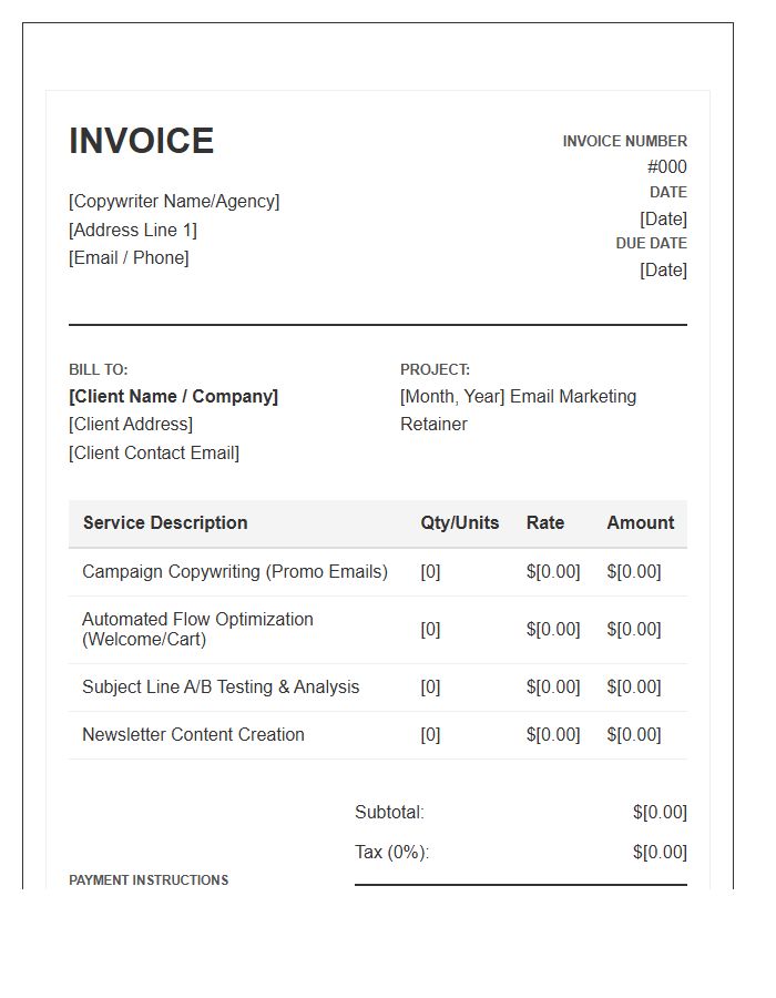 Email Marketing Copywriting Monthly Invoice Template