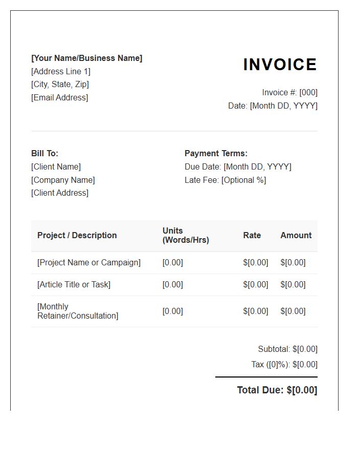 Freelance Copywriting Monthly Invoice Template