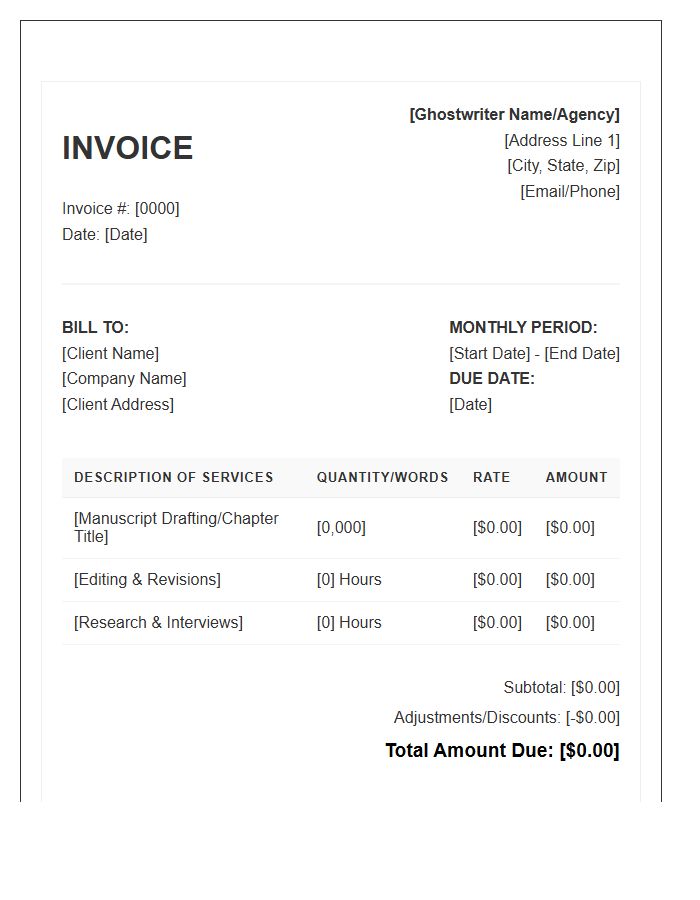 Ghostwriting Services Monthly Invoice Template