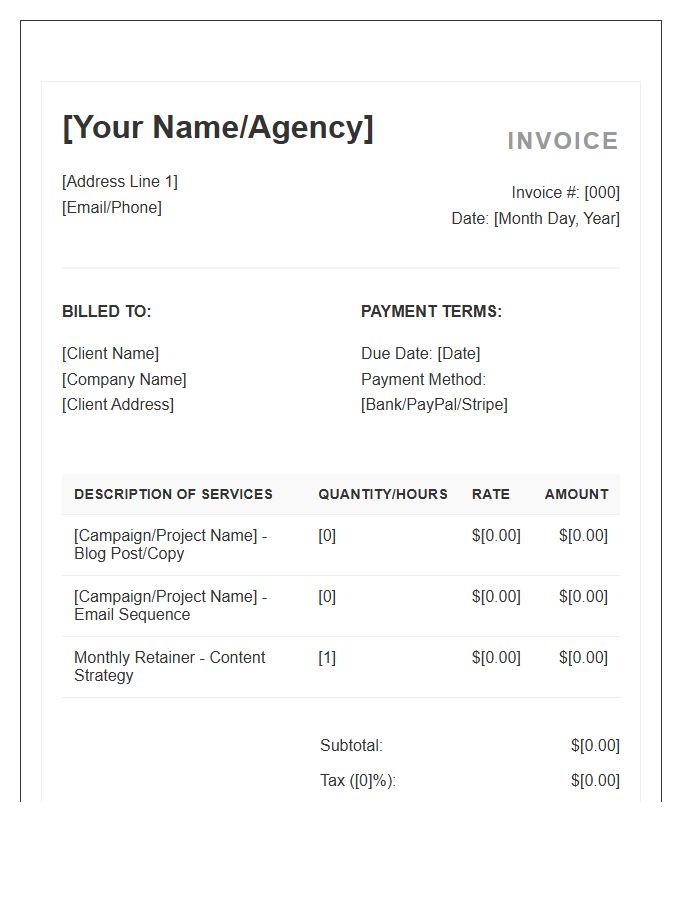 Marketing Copywriter Monthly Invoice Template