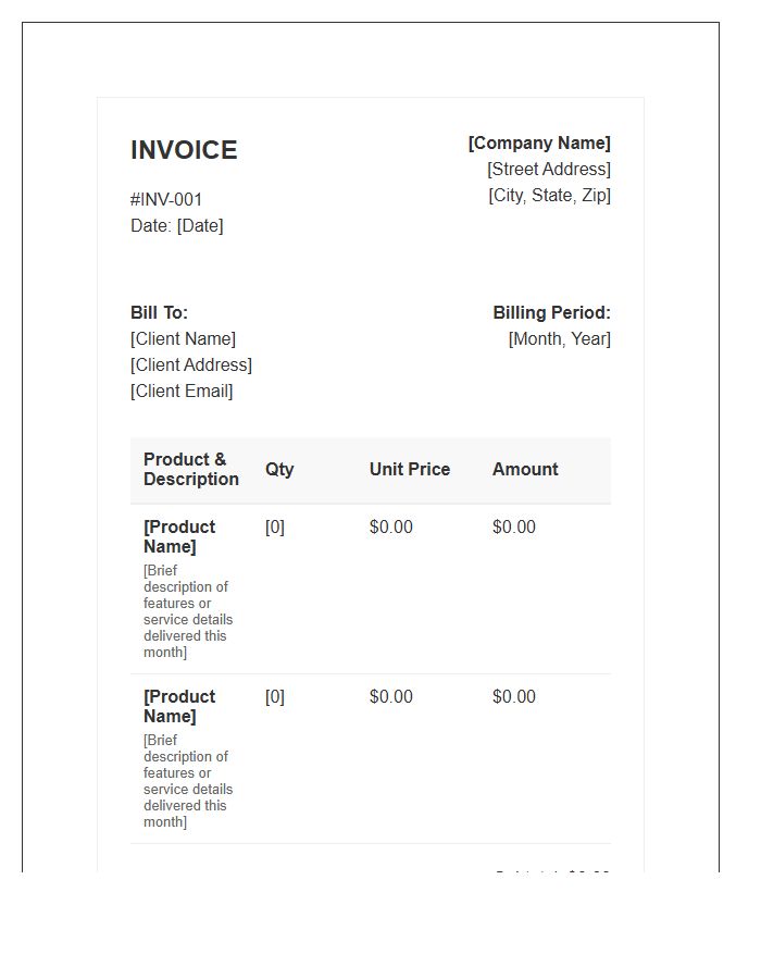 Product Description Monthly Invoice Template