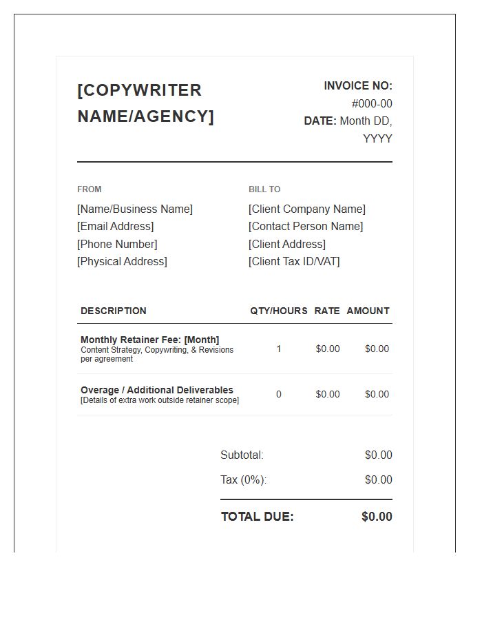 Professional Copywriter Retainer Monthly Invoice Template