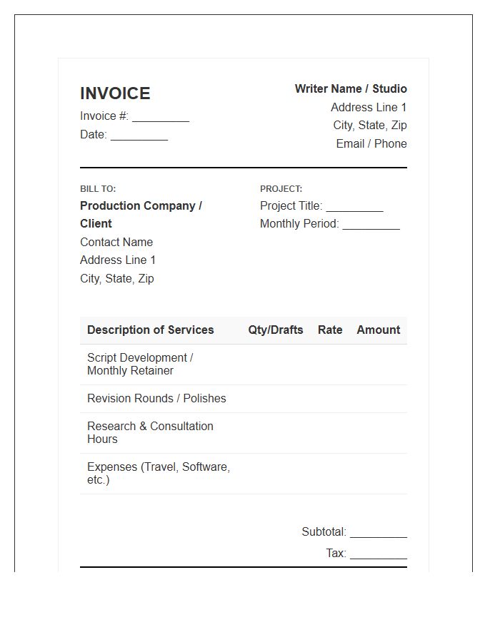 Script Writing Monthly Invoice Template