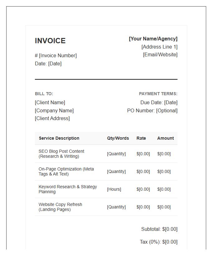 SEO Copywriting Services Monthly Invoice Template