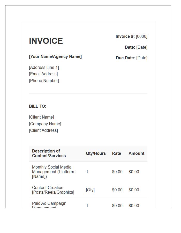 Social Media Content Monthly Invoice Template