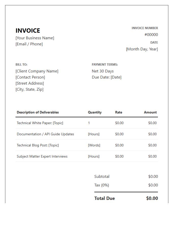 Technical Copywriter Monthly Invoice Template