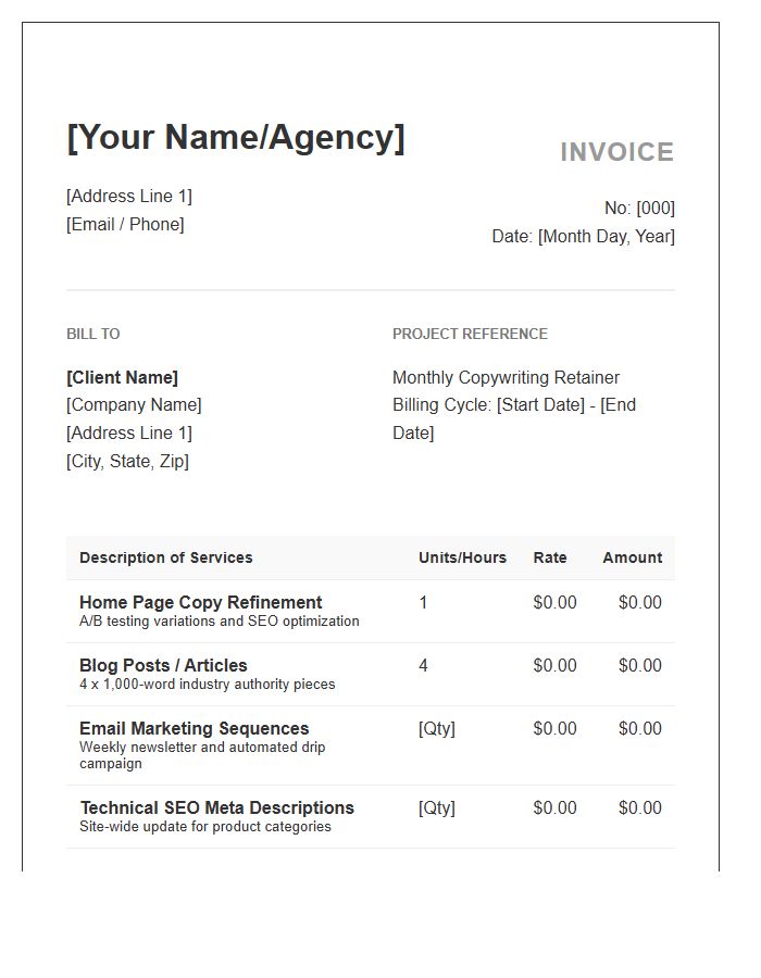 Website Copywriting Monthly Invoice Template
