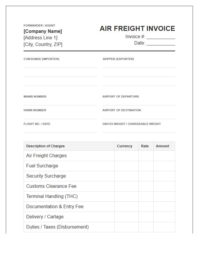 Air Freight Shipping Invoice Template For Imports