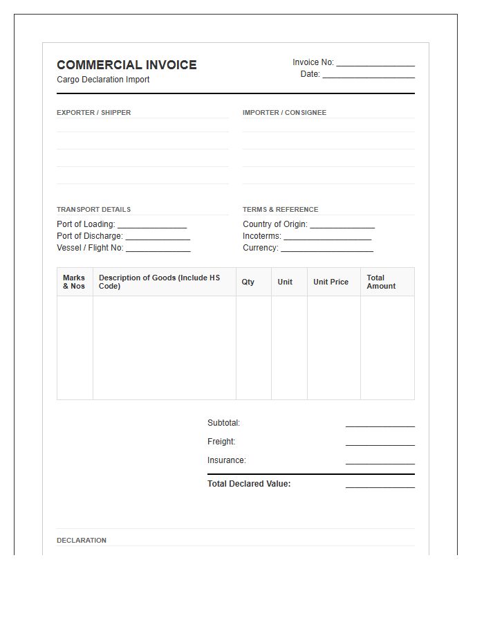 Cargo Declaration Import Invoice Template Specification