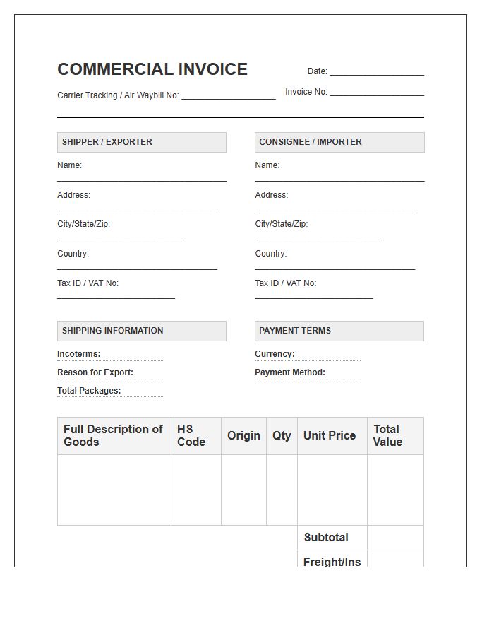 Carrier Specific Import Invoice Template Requirements