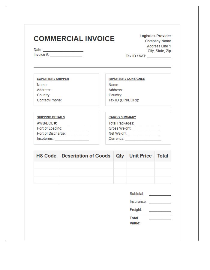 Cross Border Logistics Import Invoice Template