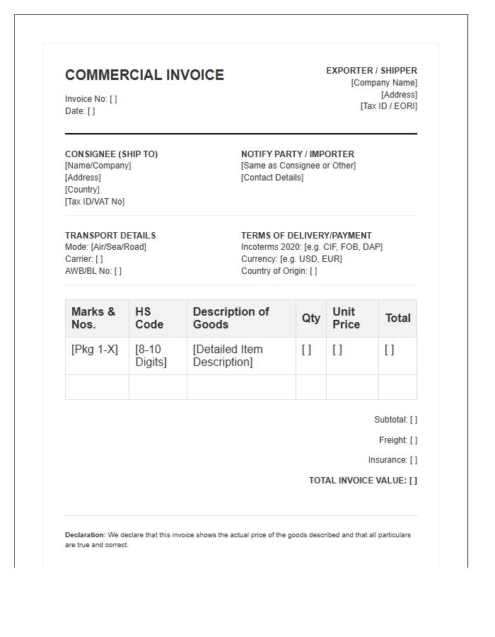Customs Clearance Import Invoice Template Format