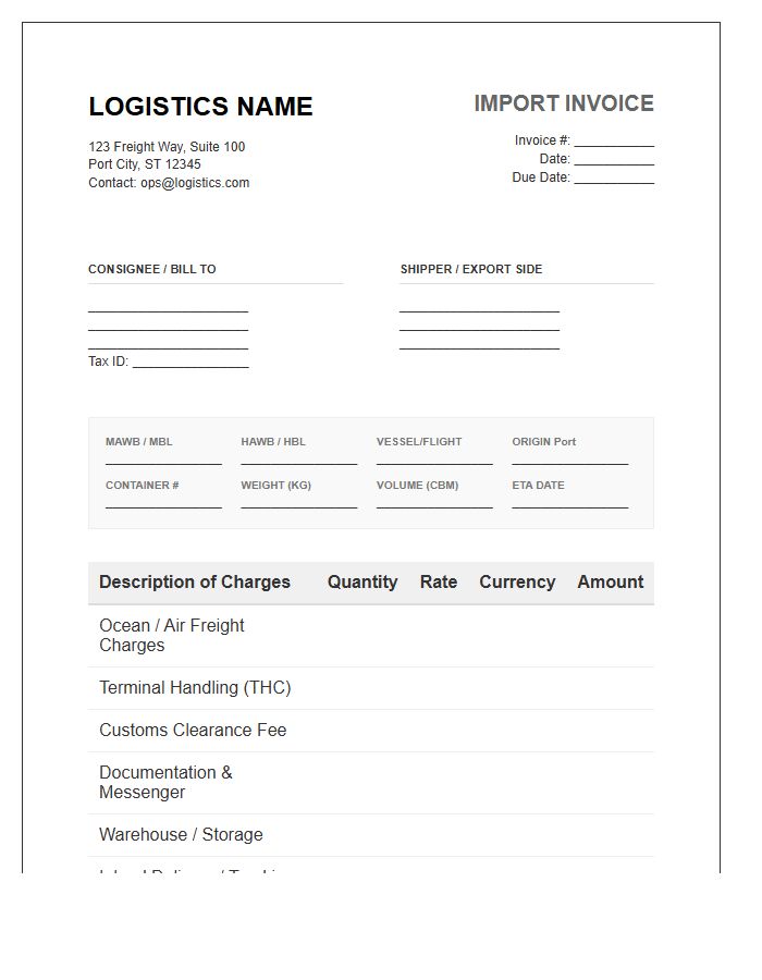 Freight Forwarder Import Invoice Template Design