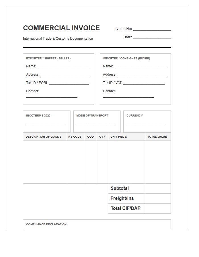 Global Trade Compliance Import Invoice Template